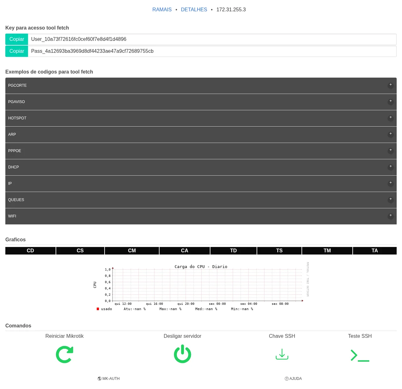 Tela da integração MK-Auth × MikroTik: mkauth detalhes chave