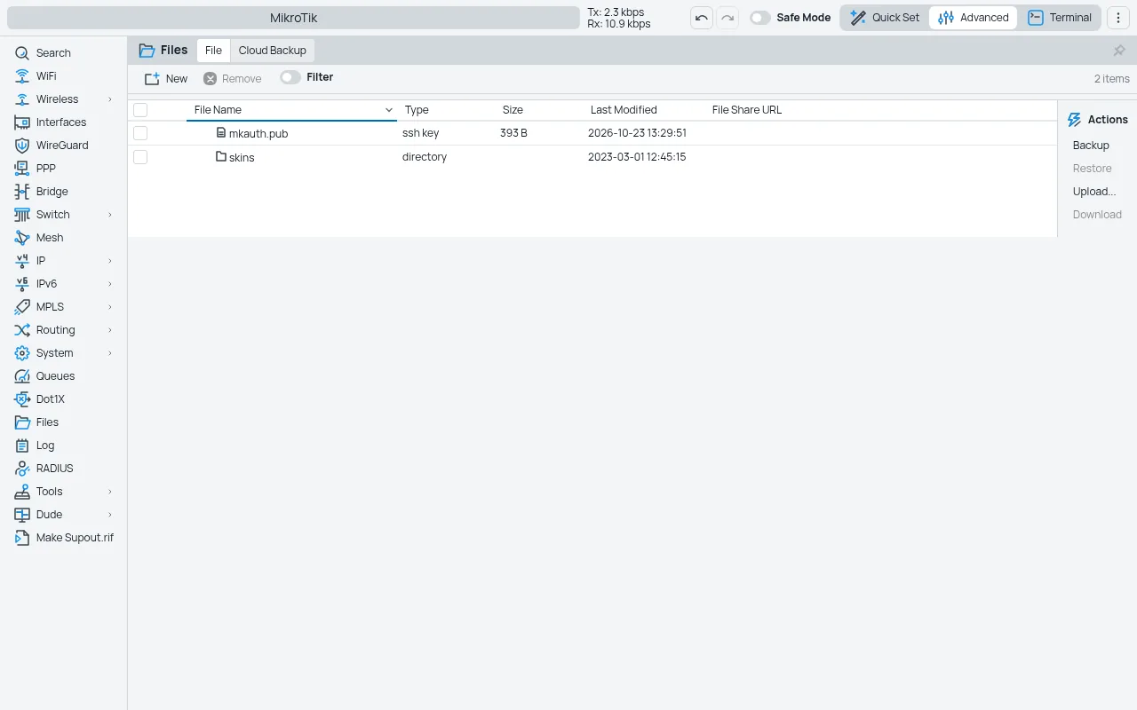 Tela da integração MK-Auth × MikroTik: files chave