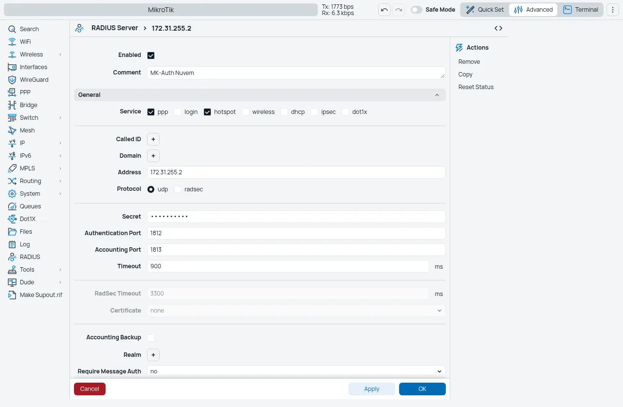 Tela da integração MK-Auth × MikroTik: radius