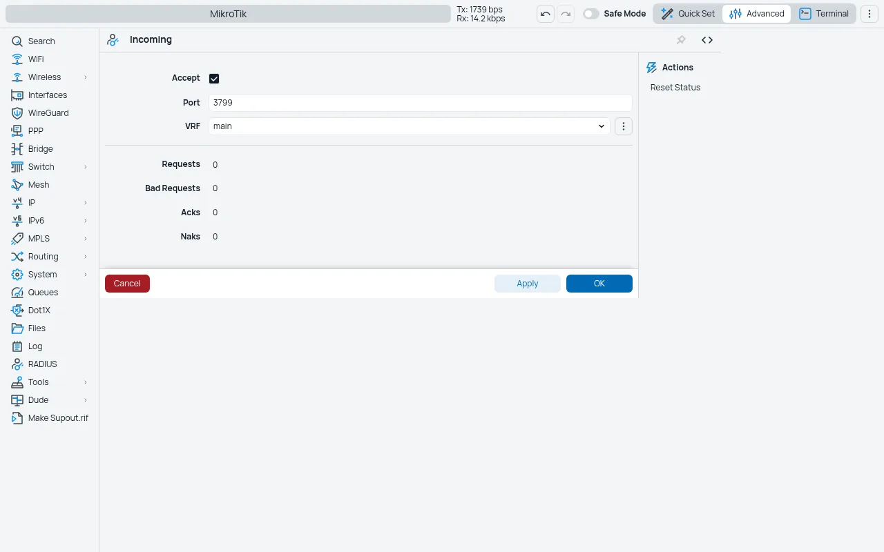 Tela da integração MK-Auth × MikroTik: radius incoming