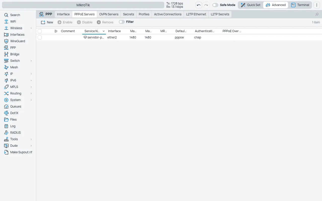Tela da integração MK-Auth × MikroTik: pppoe server