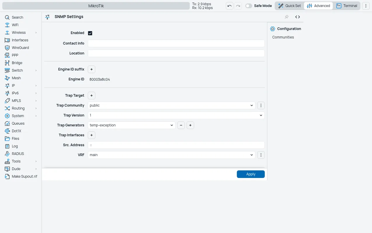 Tela da integração MK-Auth × MikroTik: snmp