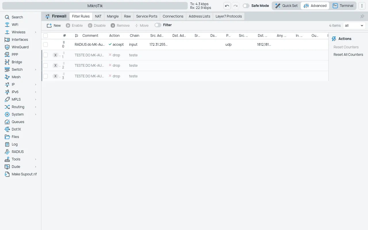 Tela da integração MK-Auth × MikroTik: firewall teste